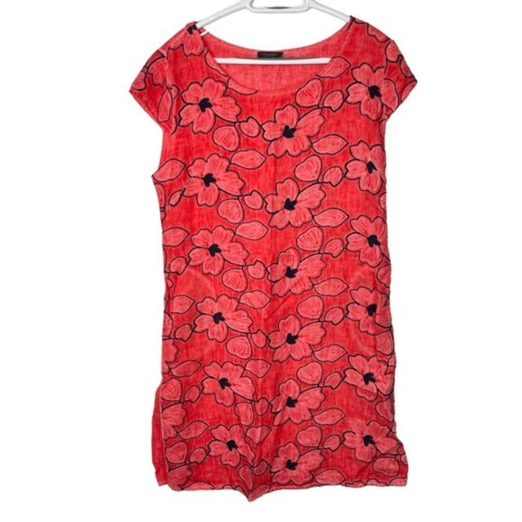 Lungo L’Arno Women’s Red Floral Linen MIDI Dress Bloomchic Cap Sleeve Size Large - Picture 1 of 11